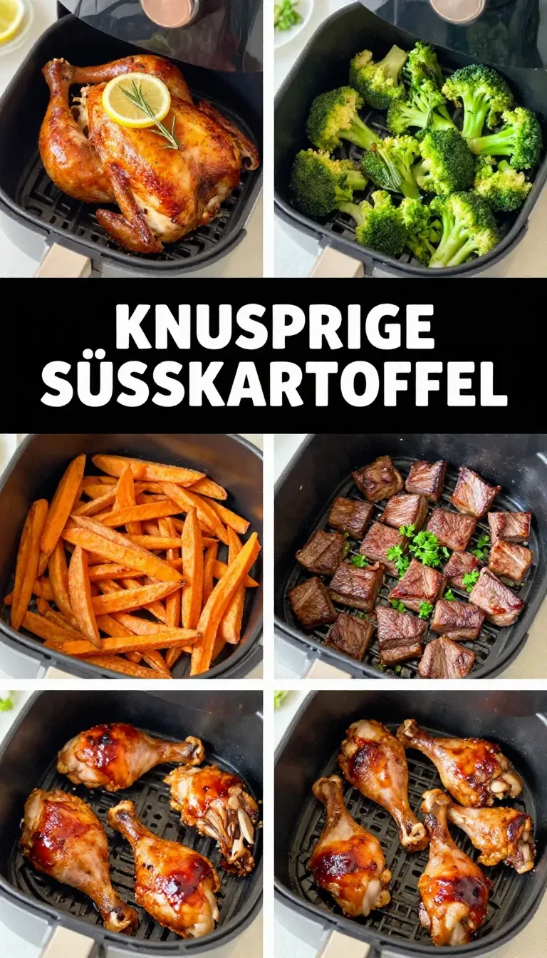 Ninja Foodi Air Fryer mit knusprigen Pommes und Hähnchenschenkeln auf einer Küchenarbeitsplatte