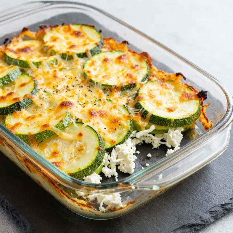 Ein frisch gebackener Zucchini-Auflauf mit goldbraunem Feta überbacken in einer weißen Auflaufform.