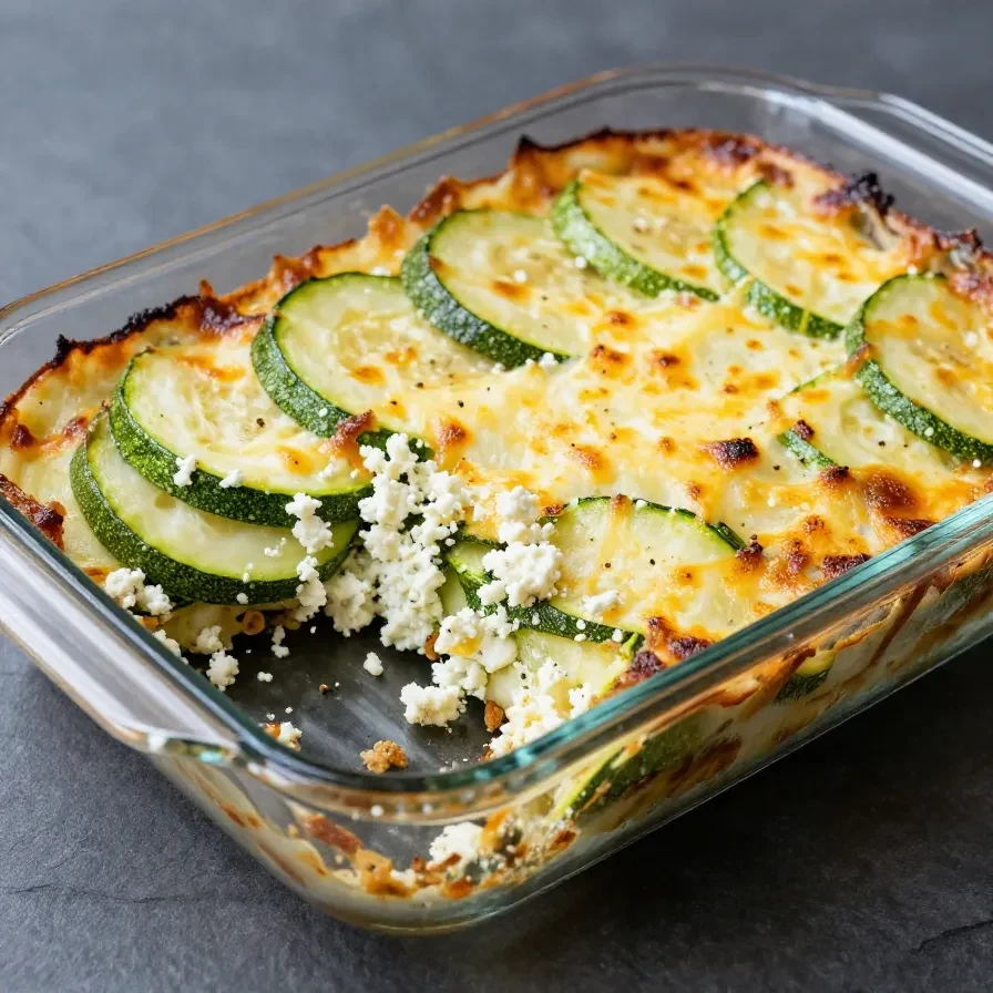 Ein frisch gebackener Zucchini-Auflauf mit goldbraunem Feta überbacken in einer weißen Auflaufform.