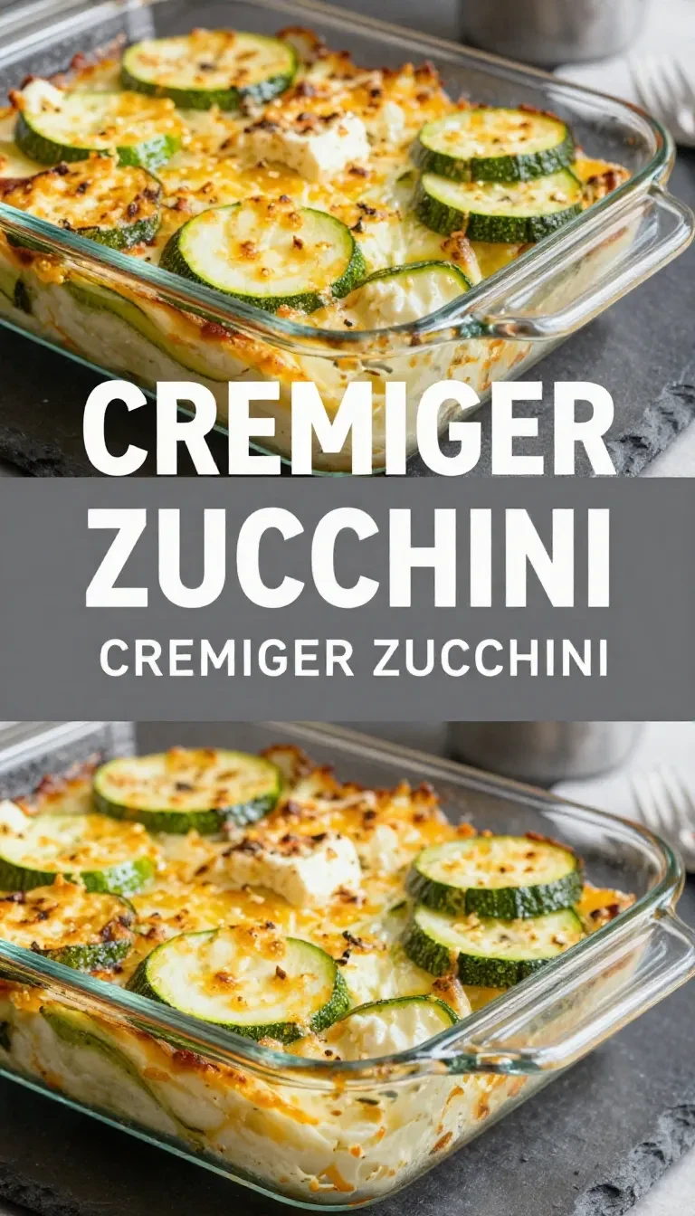 Ein frisch gebackener Zucchini-Auflauf mit goldbraunem Feta überbacken in einer weißen Auflaufform.