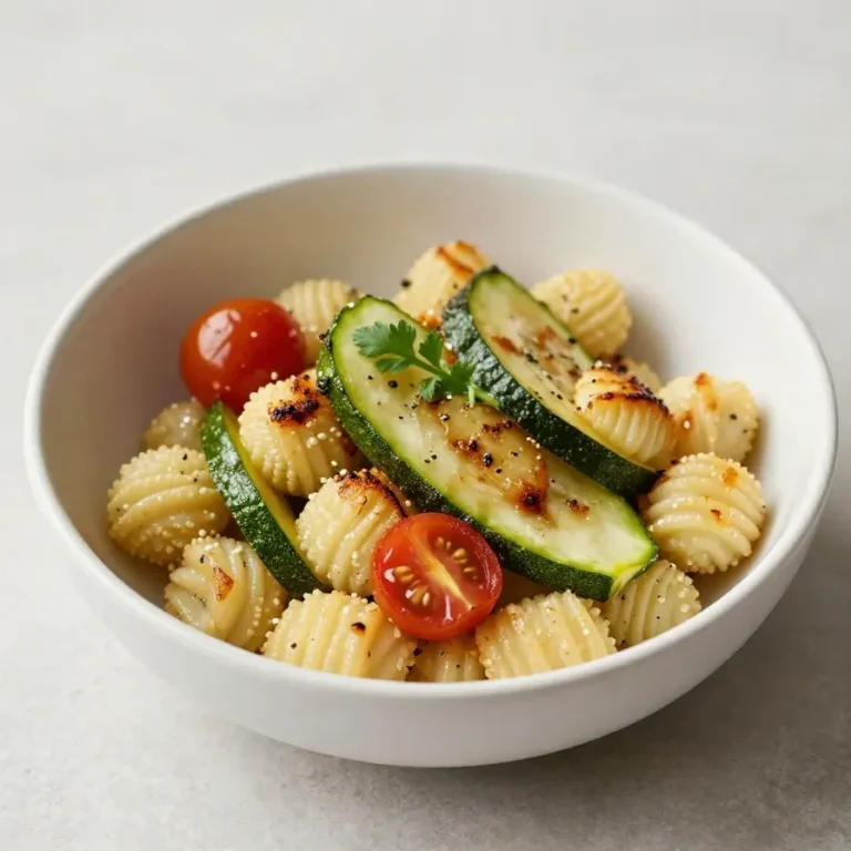 Ein Teller Gnocchi-Salat mit Zucchini, Paprika und frischen Kräutern, serviert auf einem Holztisch.