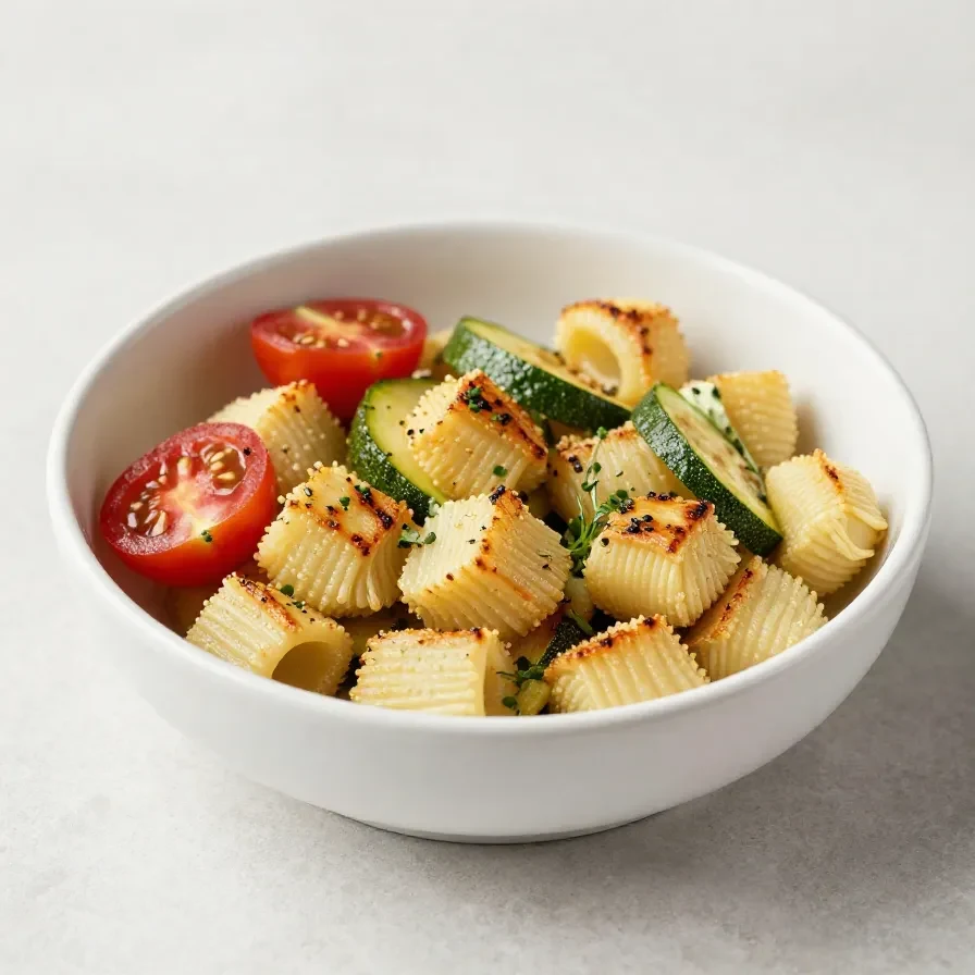 Ein Teller Gnocchi-Salat mit Zucchini, Paprika und frischen Kräutern, serviert auf einem Holztisch.