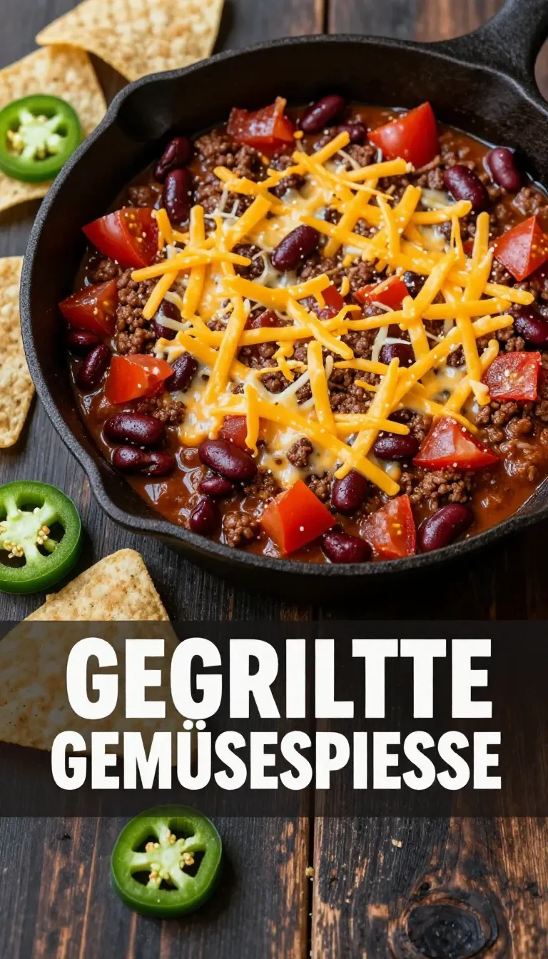 Bunte gegrillte Gemüsespieße mit Paprika, Zucchini und Zwiebeln auf einem Holzteller, daneben ein Glas Kräutermarinade.