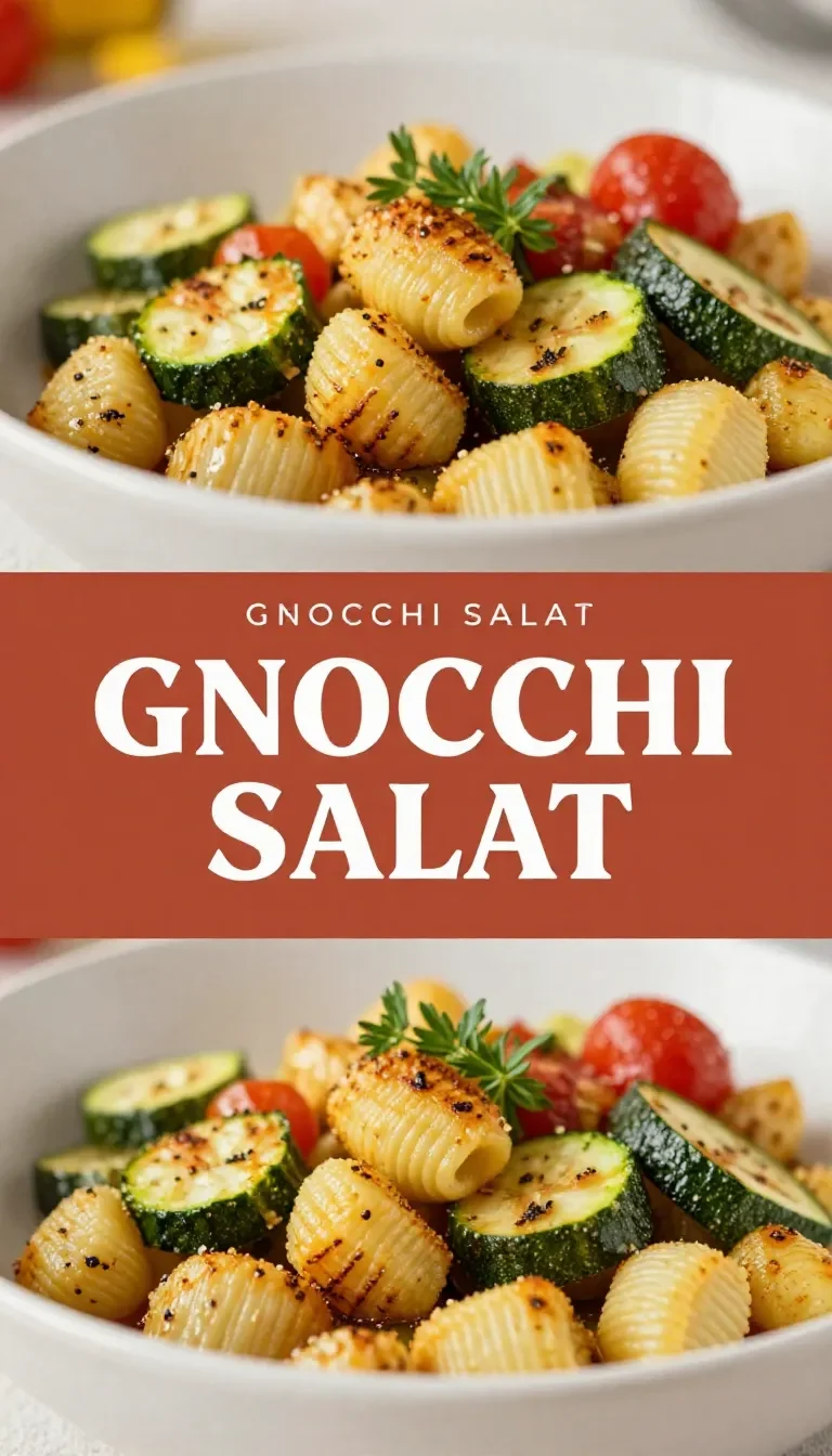 Ein Teller Gnocchi-Salat mit Zucchini, Paprika und frischen Kräutern, serviert auf einem Holztisch.