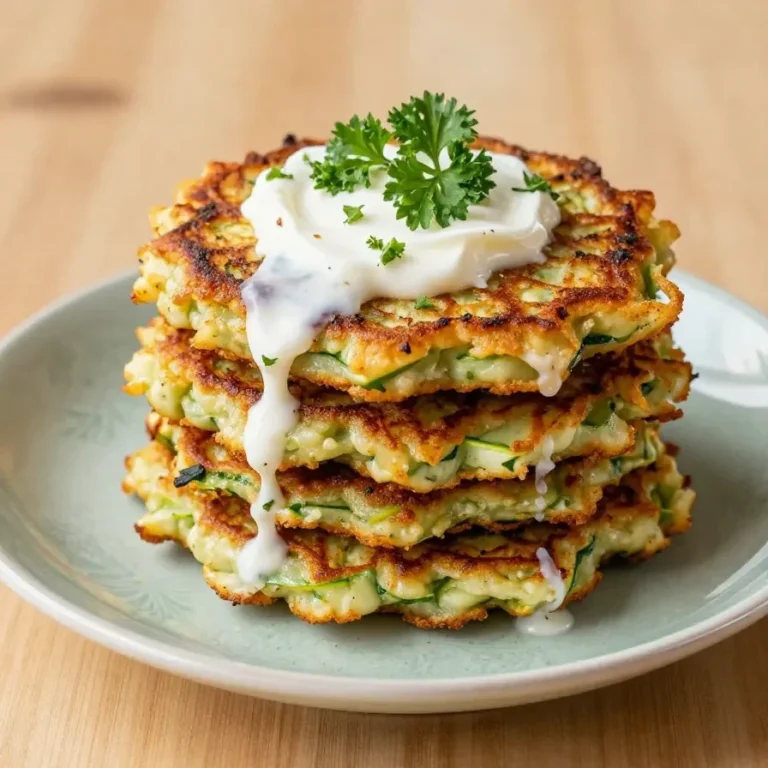 Ein Teller mit frisch zubereiteten Zucchinipuffern und einem cremigen Dip, angerichtet auf einem Holztisch.