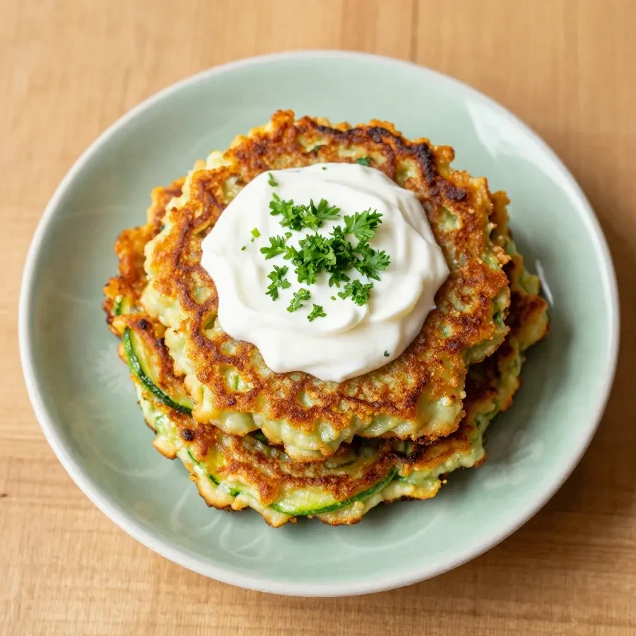 Ein Teller mit frisch zubereiteten Zucchinipuffern und einem cremigen Dip, angerichtet auf einem Holztisch.