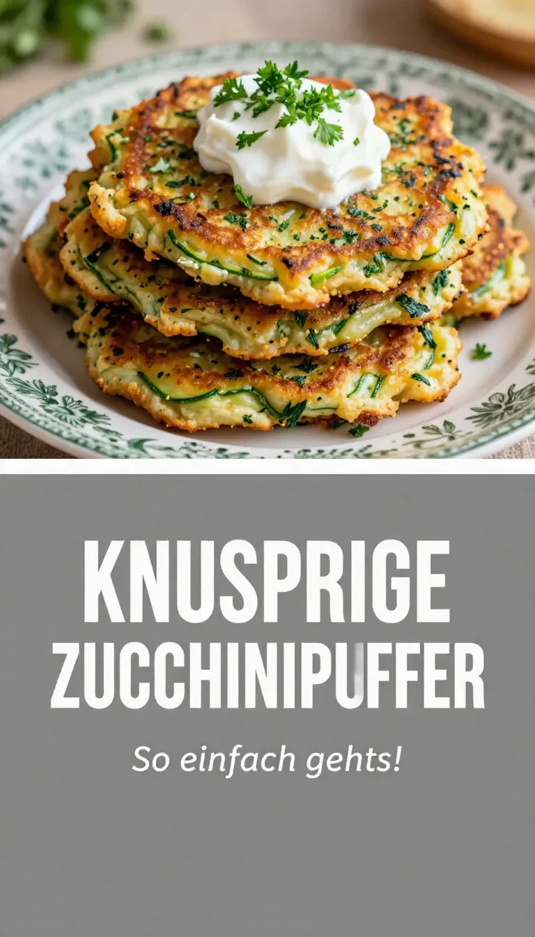 Ein Teller mit frisch zubereiteten Zucchinipuffern und einem cremigen Dip, angerichtet auf einem Holztisch.