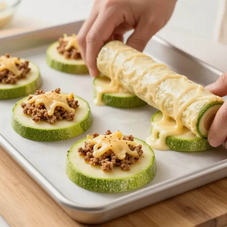Gefüllte Zucchini-Hackfleisch-Rolle mit geschmolzenem Cheddar, angerichtet auf einem weißen Teller