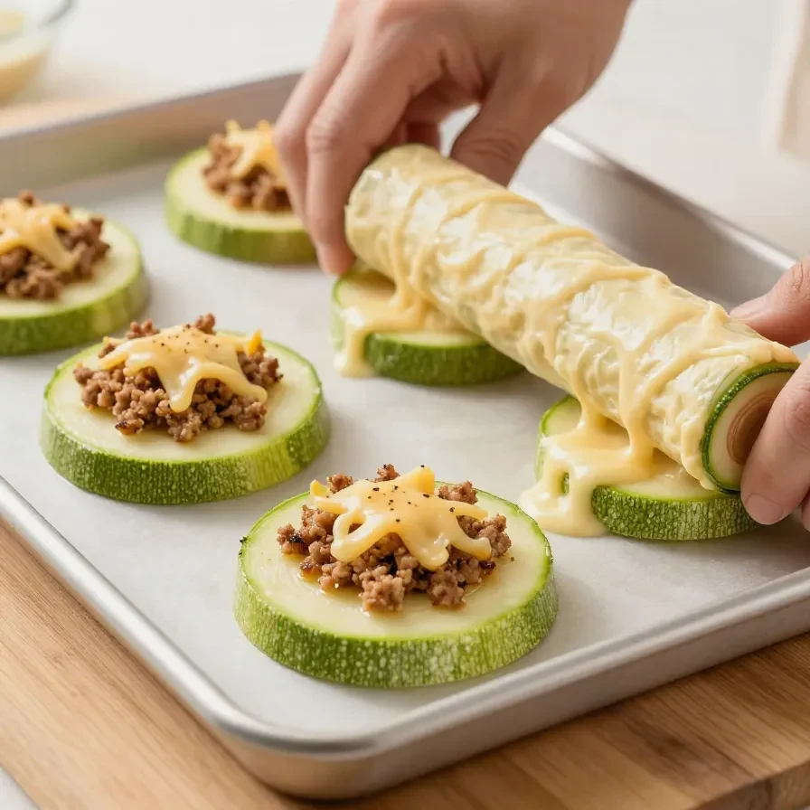 Gefüllte Zucchini-Hackfleisch-Rolle mit geschmolzenem Cheddar, angerichtet auf einem weißen Teller
