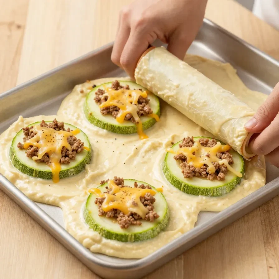 Gefüllte Zucchini-Hackfleisch-Rolle mit geschmolzenem Cheddar, angerichtet auf einem weißen Teller