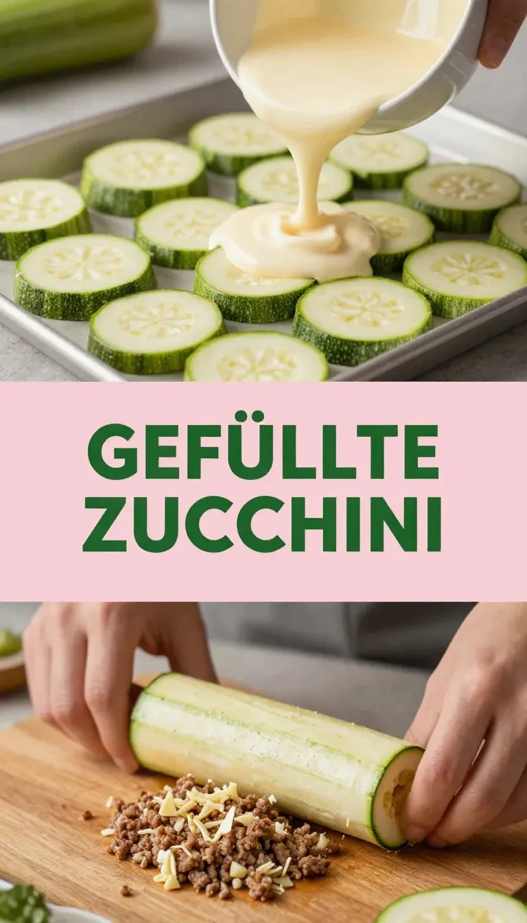 Gefüllte Zucchini-Hackfleisch-Rolle mit geschmolzenem Cheddar, angerichtet auf einem weißen Teller