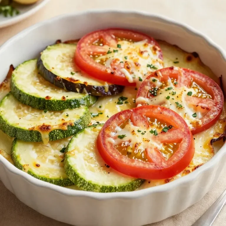Ein frisch gebackenes Gratin aus Zucchini, Auberginen und Tomaten in einer Auflaufform.