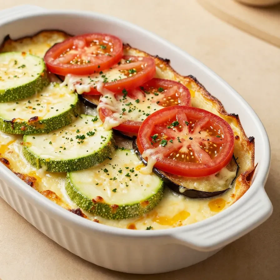 Ein frisch gebackenes Gratin aus Zucchini, Auberginen und Tomaten in einer Auflaufform.