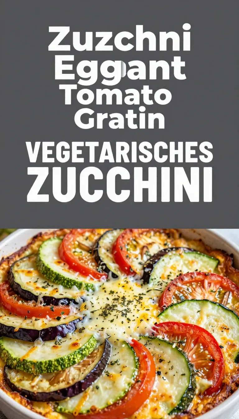 Ein frisch gebackenes Gratin aus Zucchini, Auberginen und Tomaten in einer Auflaufform.