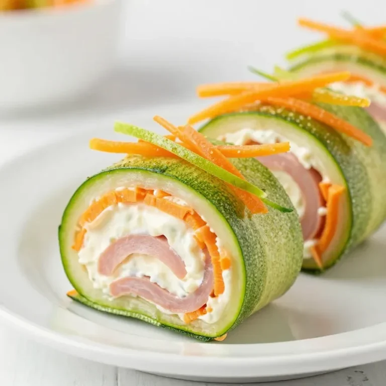 Zucchini-Karotten-Rolle gefüllt mit Frischkäse und Schinken auf einem Holzbrett serviert