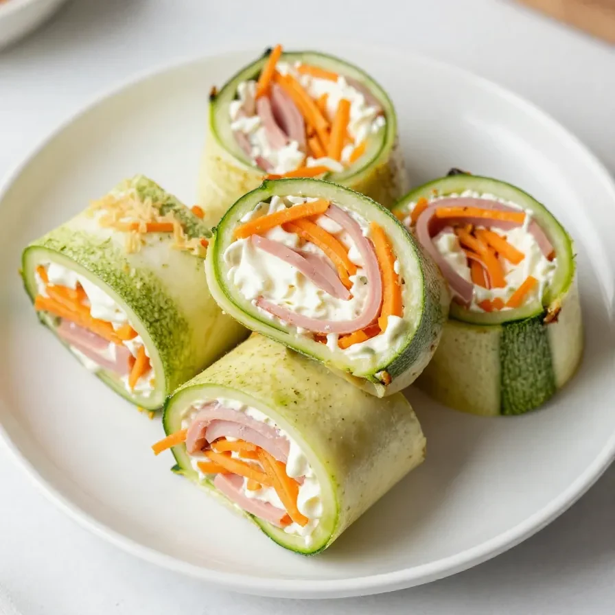 Zucchini-Karotten-Rolle gefüllt mit Frischkäse und Schinken auf einem Holzbrett serviert