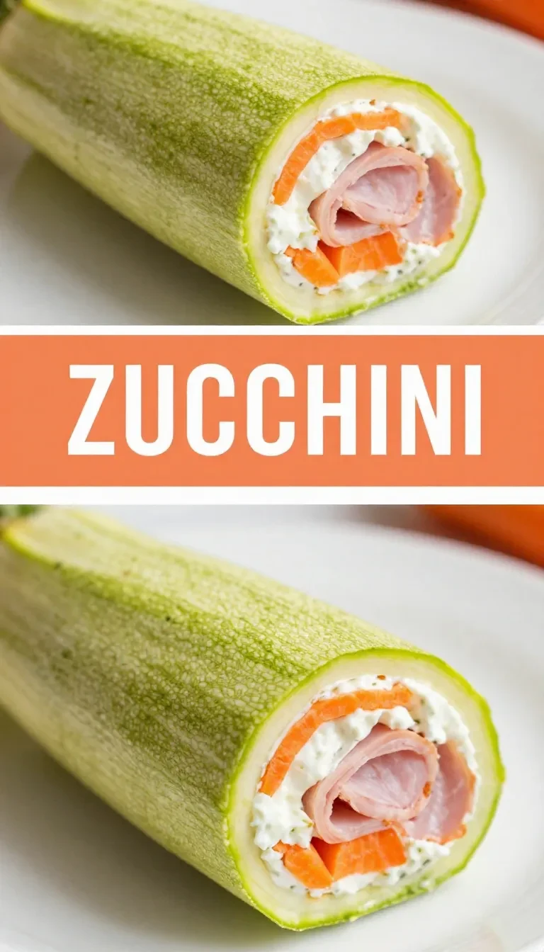 Zucchini-Karotten-Rolle gefüllt mit Frischkäse und Schinken auf einem Holzbrett serviert