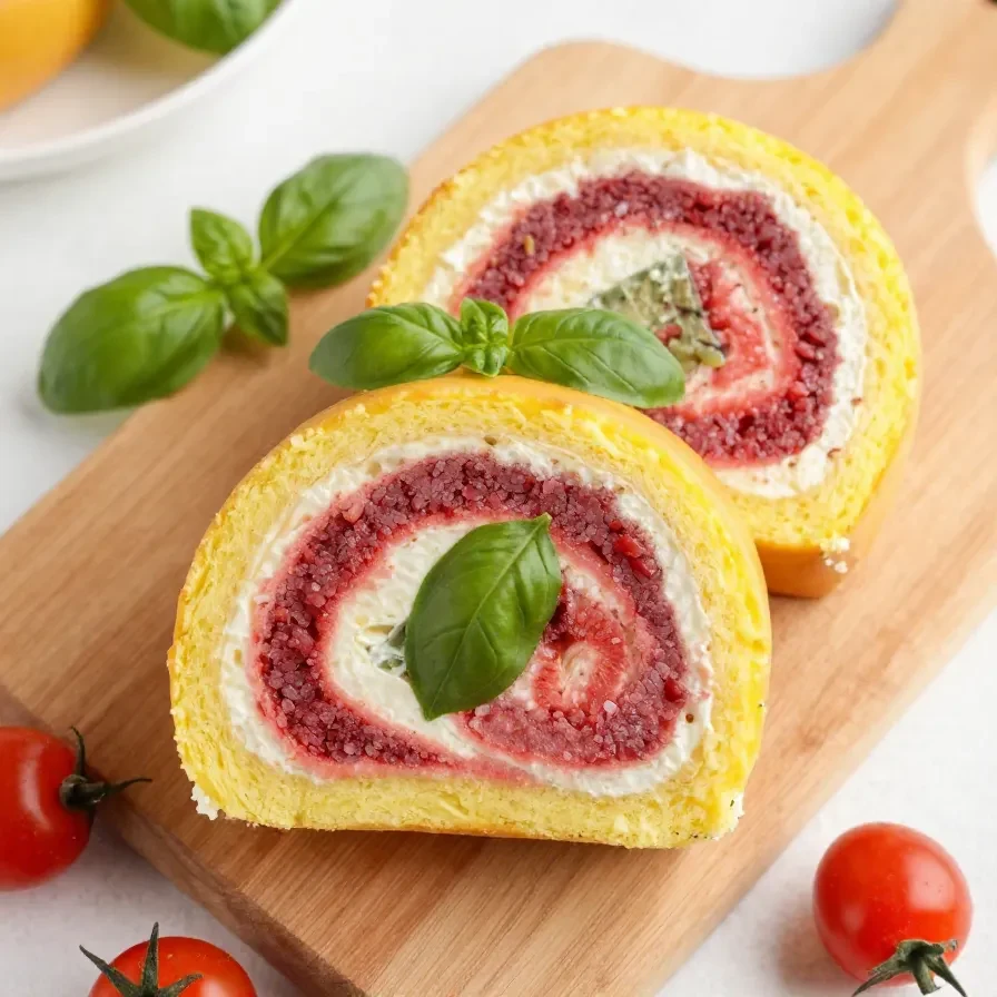 Zucchini-Rolle gefüllt mit Feta und Tomaten auf einem weißen Teller