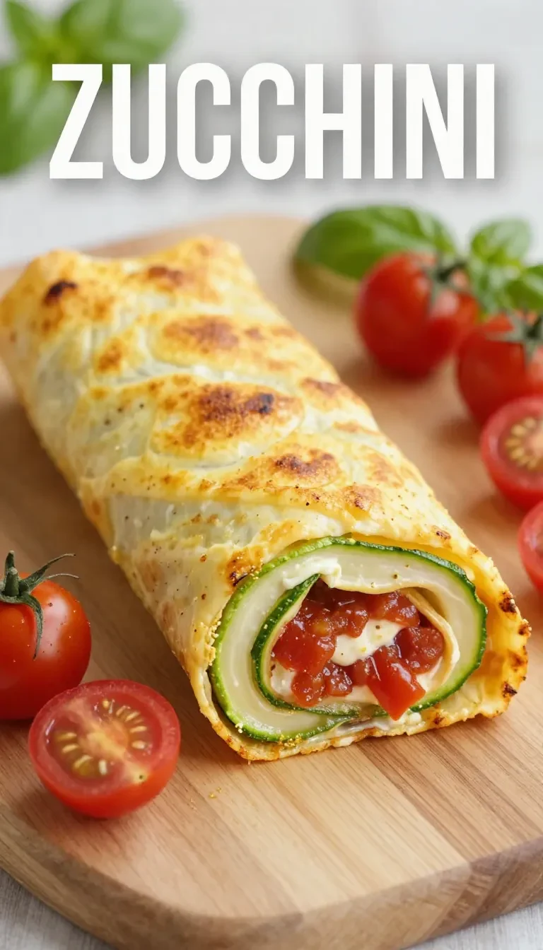 Zucchini-Rolle gefüllt mit Feta und Tomaten auf einem weißen Teller