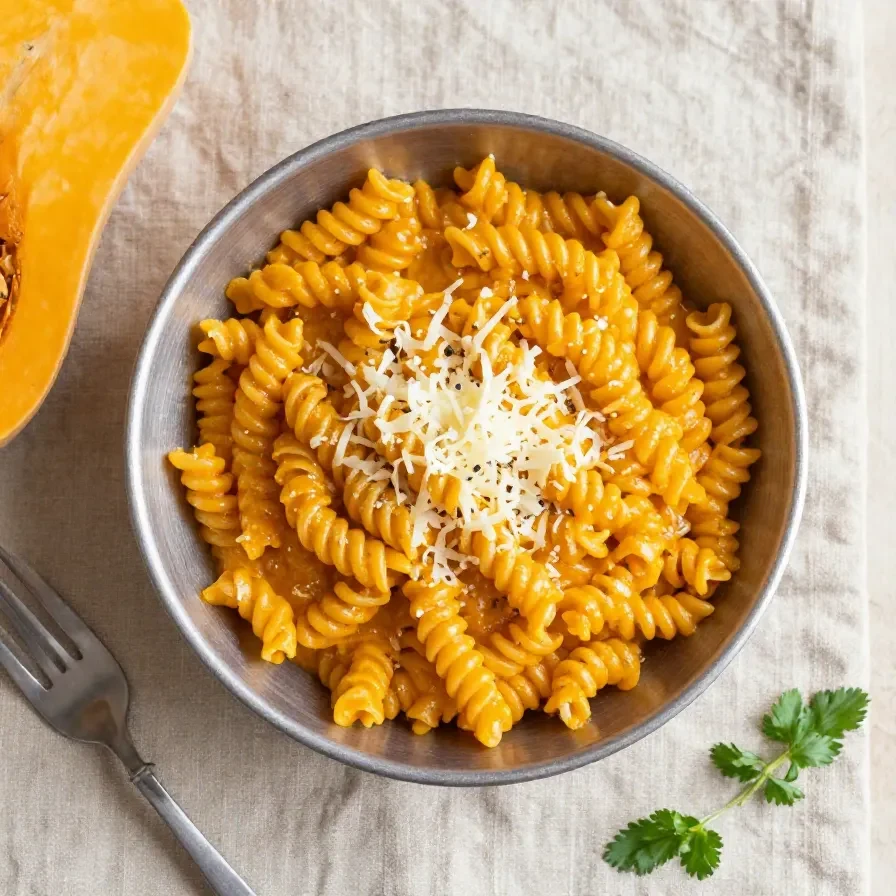 Cremige vegane Butternut-Kürbis-Pastasauce in einer Schüssel mit frischen Kräutern und Pasta daneben