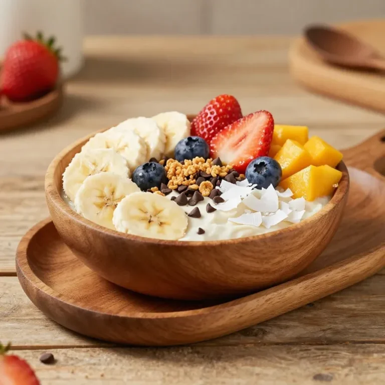 Eine Schale Açaí-Bowl mit Banane, Beeren, Granola und Kokosraspeln auf einem hellen Tisch