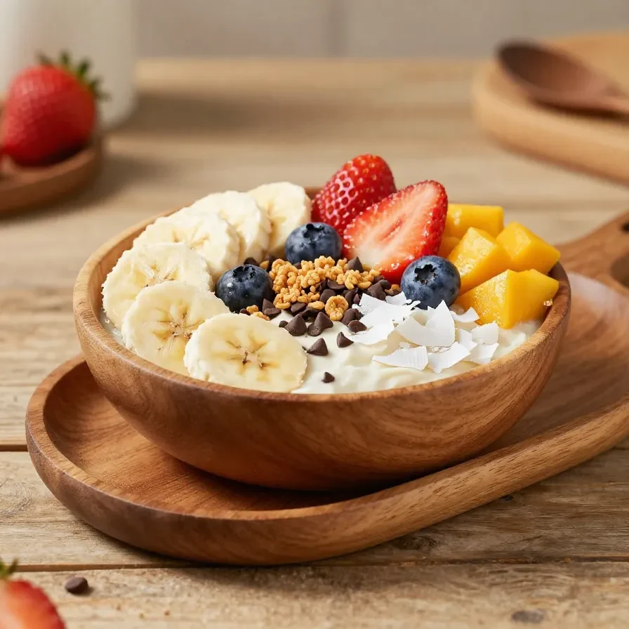 Açaí bowls 1 Eine Schale Açaí-Bowl mit Banane, Beeren, Granola und Kokosraspeln auf einem hellen Tisch