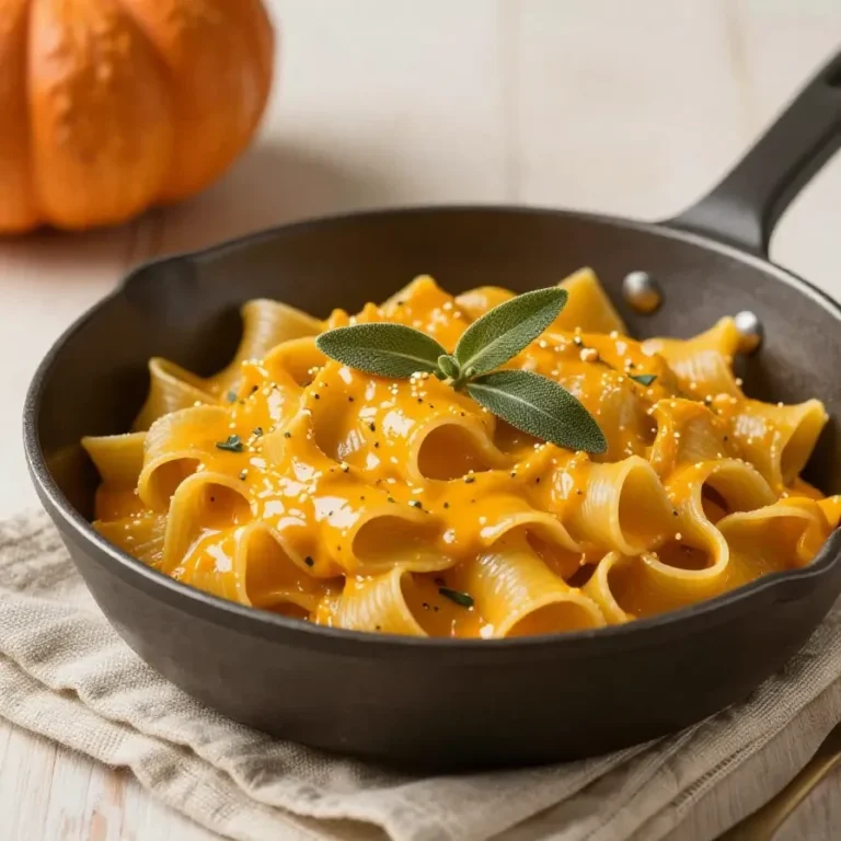Eine cremige One-Pot-Kürbis-Pasta in einem hellen Topf, garniert mit frischer Petersilie und gerösteten Kürbiskernen.