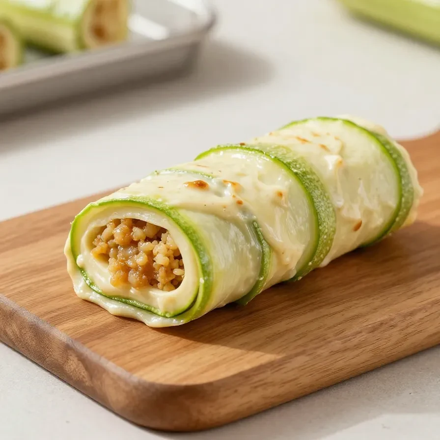 Gefüllte Zucchini-Hackfleisch-Rolle mit geschmolzenem Cheddar auf einem Teller serviert