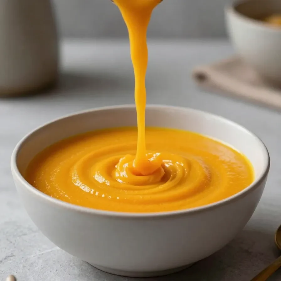Eine cremige Kürbissuppe in einer Schale, garniert mit Kürbiskernen und etwas frischer Petersilie.