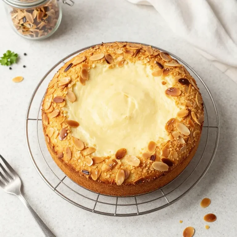 Ein Stück Apfelkuchen mit Pudding-Schmandcreme und Mandeln auf einem Teller
