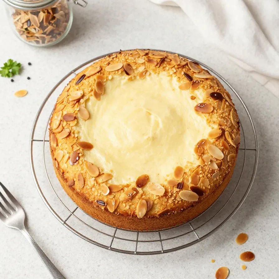 Ein Stück Apfelkuchen mit Pudding-Schmandcreme und Mandeln auf einem Teller