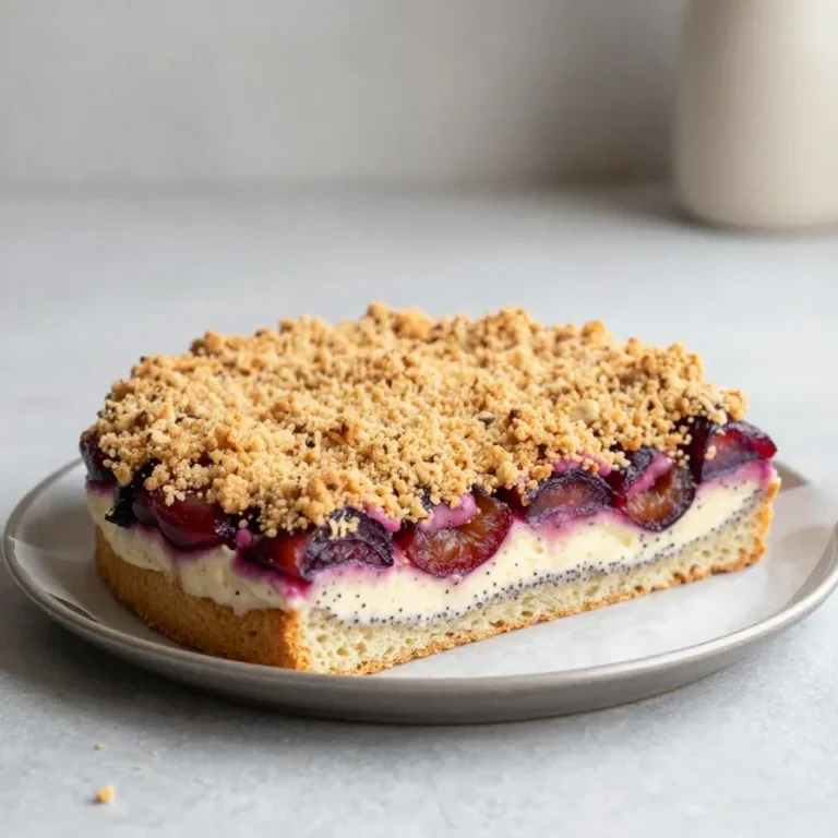 Ein Stück Pflaumen-Mohn-Quarkkuchen mit Streuseln auf einem Teller, mit sichtbarer Quarkfüllung, Pflaumenstücken und Mohnschicht.