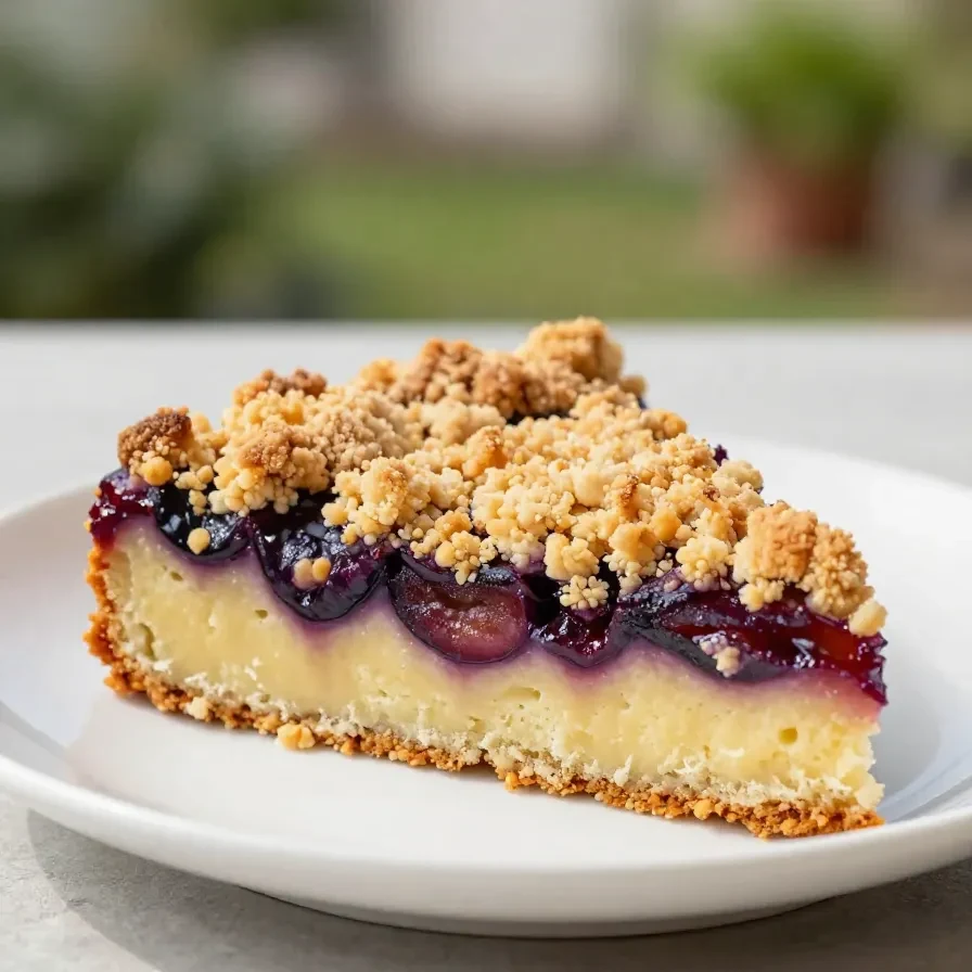 Ein Stück Pflaumenkuchen mit goldbraunen Streuseln auf einem Teller