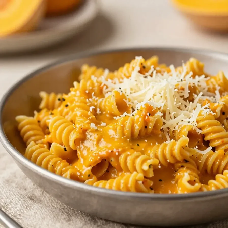 Cremige vegane Butternut-Kürbis-Pastasauce in einer Schüssel mit frischen Kräutern und Pasta daneben