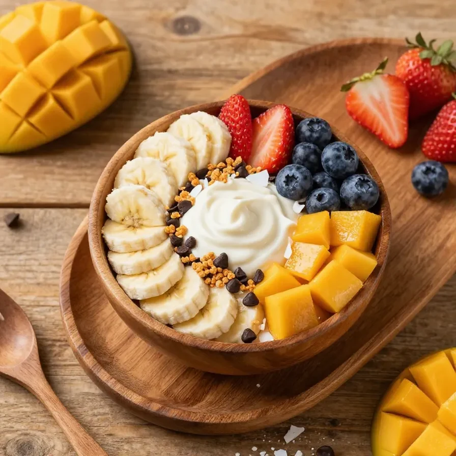 Açaí bowls 6 Eine Schale Açaí-Bowl mit Banane, Beeren, Granola und Kokosraspeln auf einem hellen Tisch