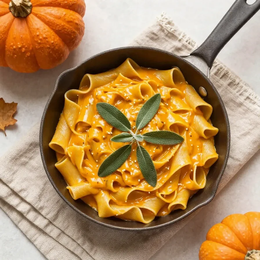 Eine cremige One-Pot-Kürbis-Pasta in einem hellen Topf, garniert mit frischer Petersilie und gerösteten Kürbiskernen.