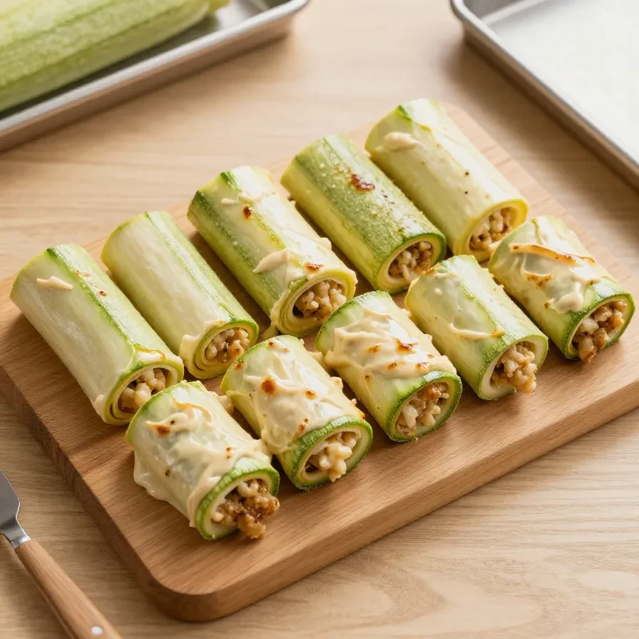 Gefüllte Zucchini-Hackfleisch-Rolle mit geschmolzenem Cheddar auf einem Teller serviert