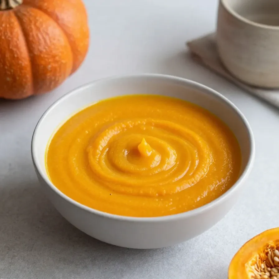 Eine cremige Kürbissuppe in einer Schale, garniert mit Kürbiskernen und etwas frischer Petersilie.