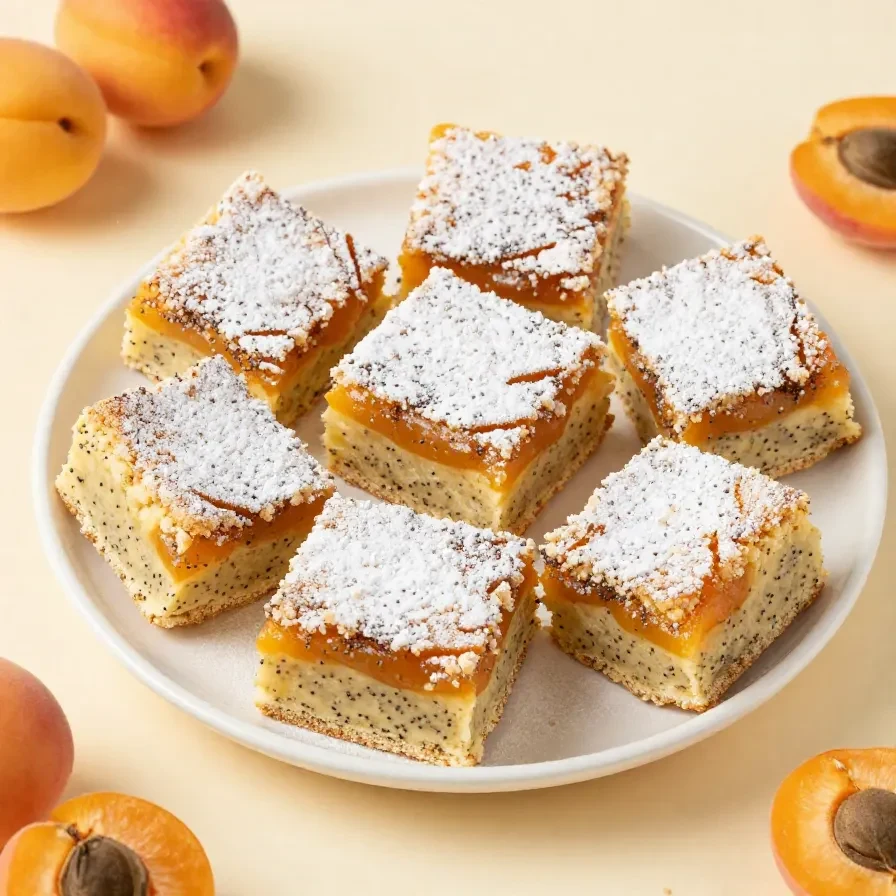 Saftige Aprikosen-Mohn-Schnitten mit goldbraunen Streuseln auf einem Backblech