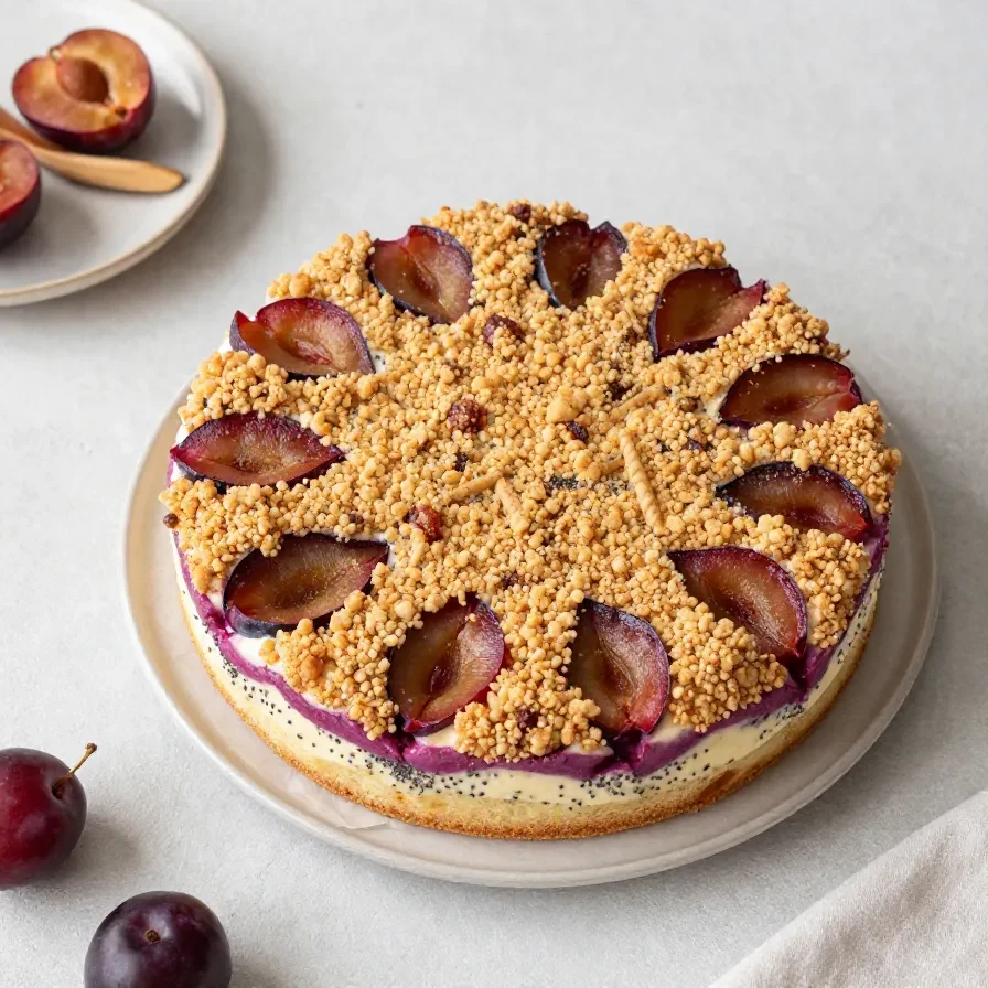 Ein Stück Pflaumen-Mohn-Quarkkuchen mit Streuseln auf einem Teller, mit sichtbarer Quarkfüllung, Pflaumenstücken und Mohnschicht.