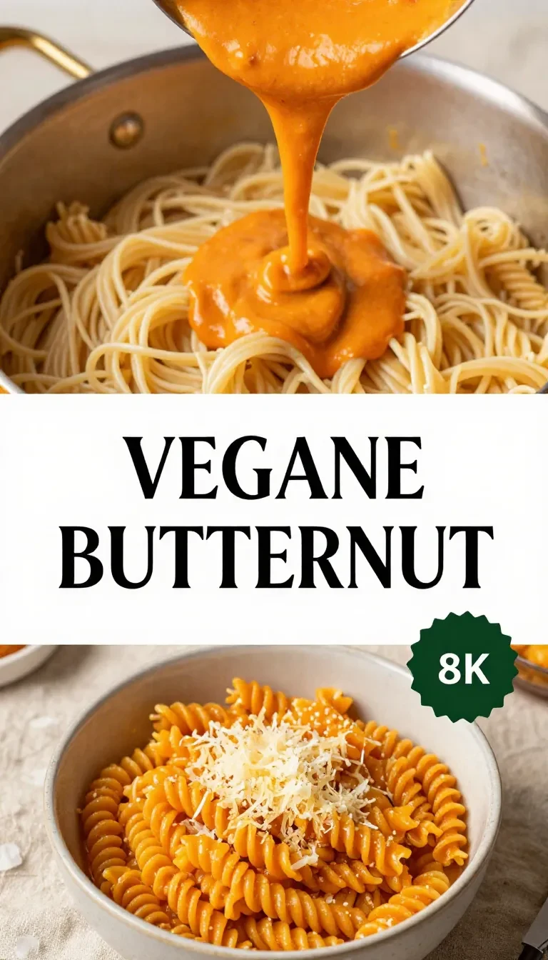 Cremige vegane Butternut-Kürbis-Pastasauce in einer Schüssel mit frischen Kräutern und Pasta daneben