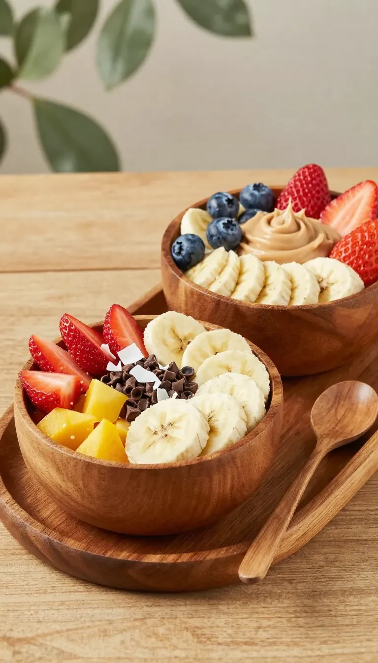 Açaí bowls 9 Eine Schale Açaí-Bowl mit Banane, Beeren, Granola und Kokosraspeln auf einem hellen Tisch
