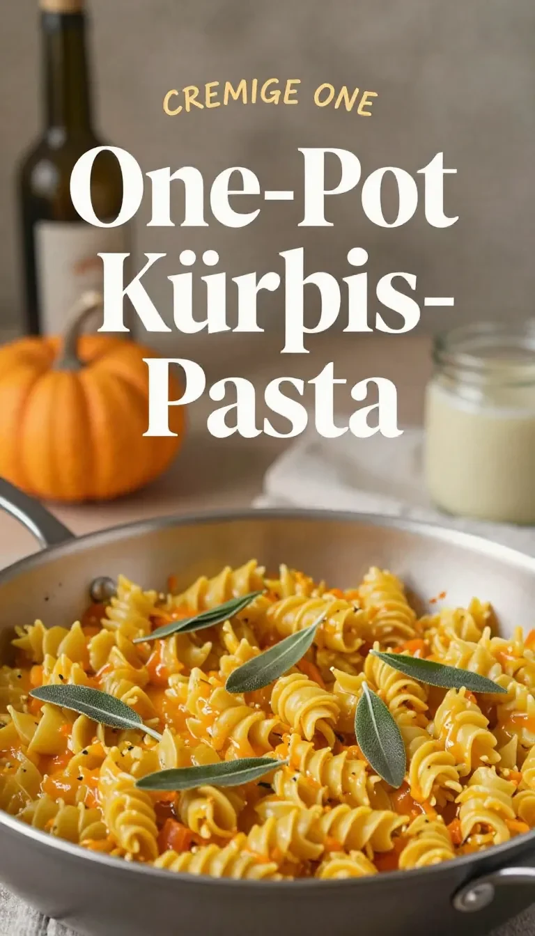 Eine cremige One-Pot-Kürbis-Pasta in einem hellen Topf, garniert mit frischer Petersilie und gerösteten Kürbiskernen.