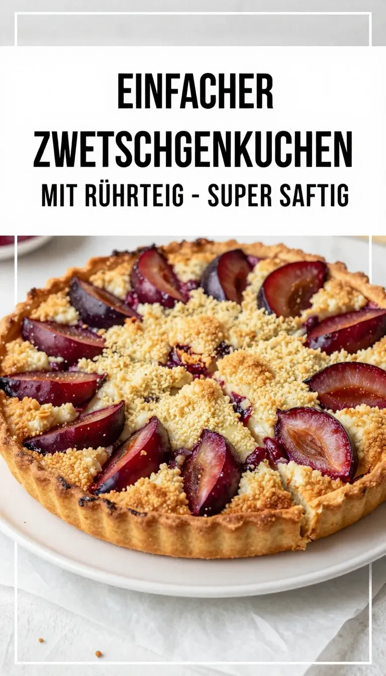 Ein frisch gebackener Zwetschgenkuchen mit Rührteig und goldbraunen Streuseln auf einem Backblech.
