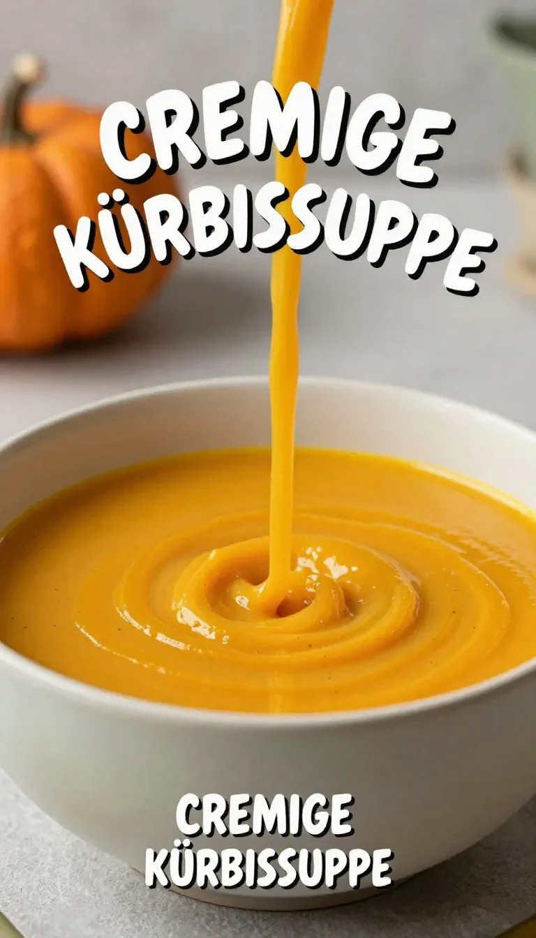 Eine cremige Kürbissuppe in einer Schale, garniert mit Kürbiskernen und etwas frischer Petersilie.