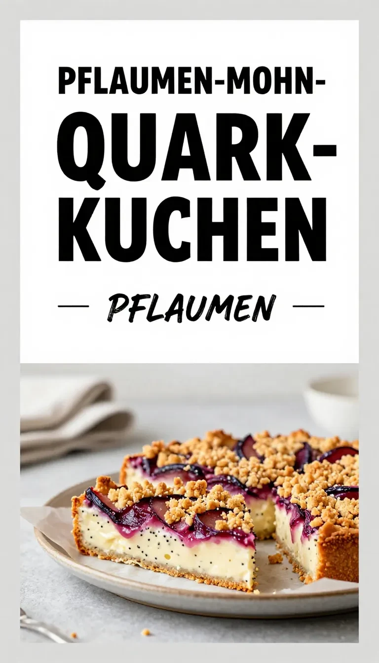 Ein Stück Pflaumen-Mohn-Quarkkuchen mit Streuseln auf einem Teller, mit sichtbarer Quarkfüllung, Pflaumenstücken und Mohnschicht.