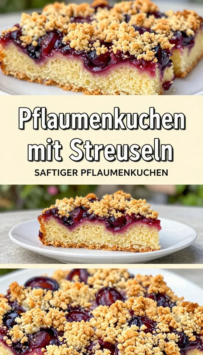 Ein Stück Pflaumenkuchen mit goldbraunen Streuseln auf einem Teller