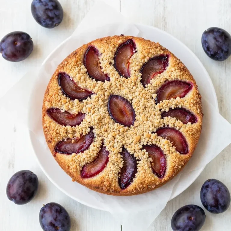 Ein frisch gebackener Zwetschgenkuchen mit Rührteig und goldbraunen Streuseln auf einem Kuchenteller