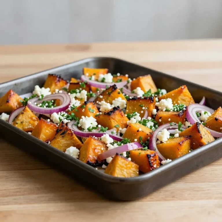 Geröstete Kürbisstücke aus dem Ofen mit Ahornsirup glasiert und mit zerbröseltem Feta serviert.