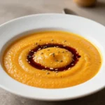Eine cremige Kürbissuppe im Thermomix zubereitet, serviert in einer Schale mit frischen Kräutern und Kürbiskernen.